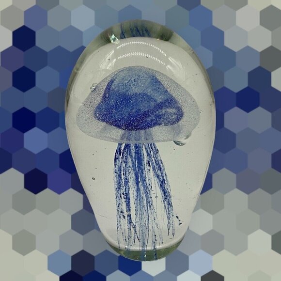 Art Glass Mouth Blown Sapphire Jellyfish Handmade 6"High Paperweight Collectible - Picture 4 of 16